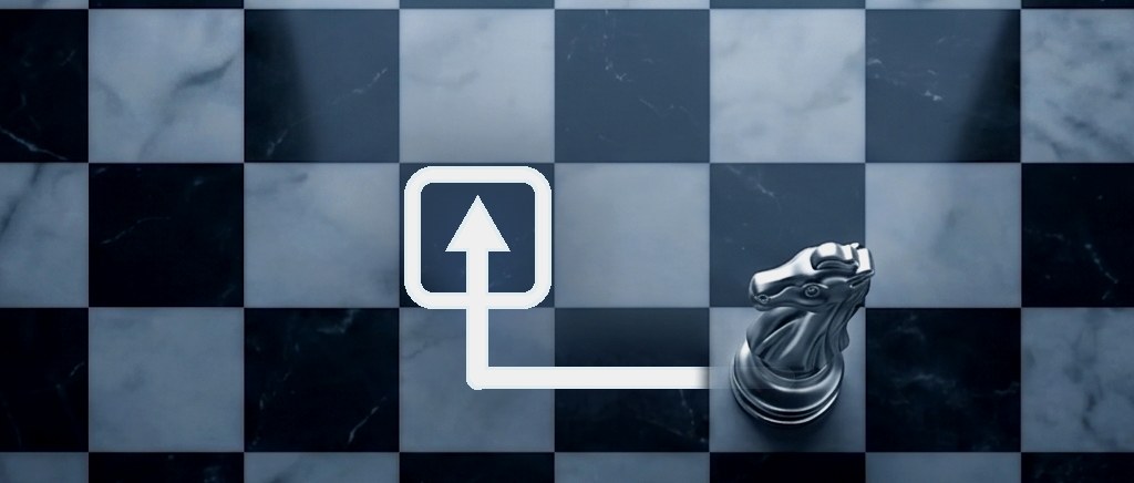 A knight’s move traced across a marble chessboard &mdash; two squares across, one forward.
